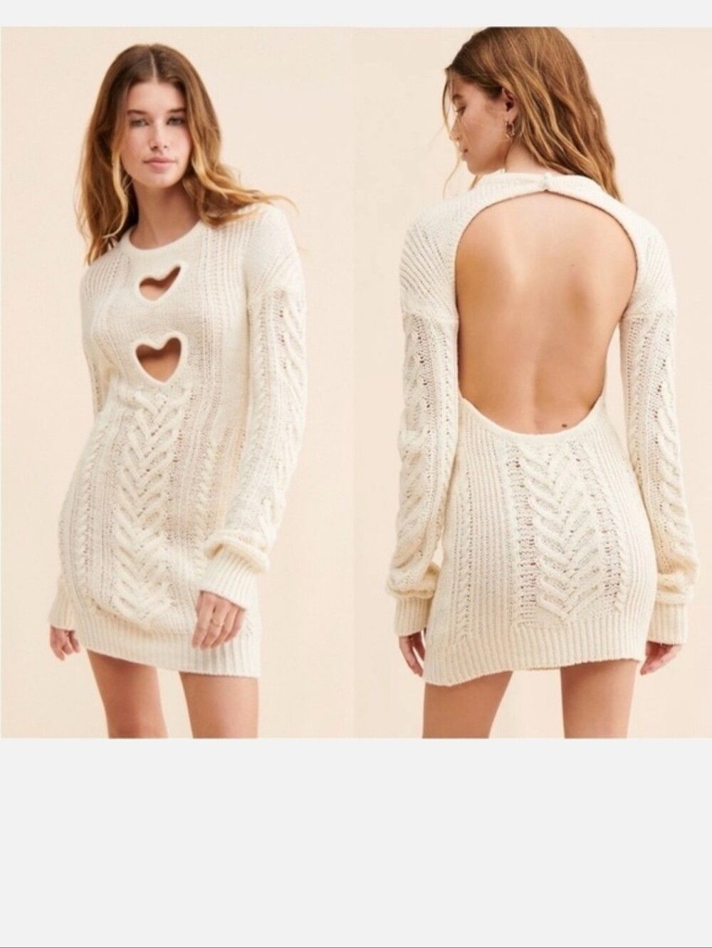 For Love & Lemons Ivory Heart Cutout Open Back Cable Knit Mini Dress S